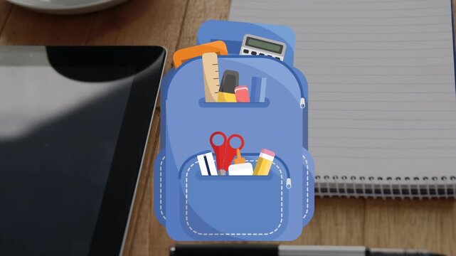Animation of school items icons over desk with tablet, notebook and coffee
