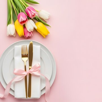Elegant table setting with tulips and gold utensils