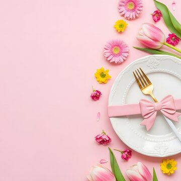 Elegant table setting with pink flowers and gold utensils