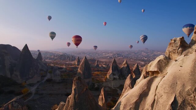 Hot air balloons fly over deep canyons, valleys Cappadocia, Goreme National Park Turkey, aerial drone view.