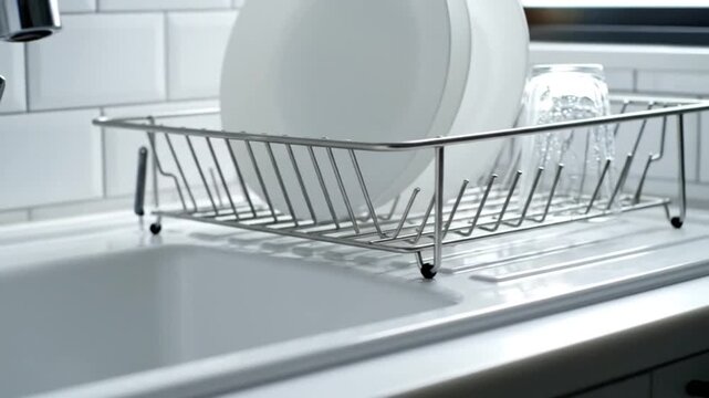 Clean Kitchen Sink With Dishes Drying On Rack And Running Water