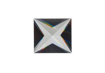 Geometric faceted gemstone with internal starburst and rainbow refraction isolated on white background