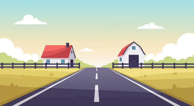 Flat graphic of a country road with houses and barns on either side