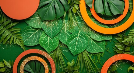 Tropical Foliage with Geometric Accents, Vibrant Nature Background