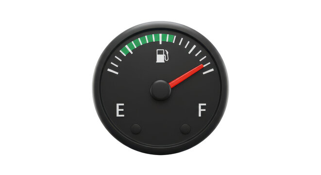 Close-up of a realistic fuel gauge showing low fuel isolated on white background
