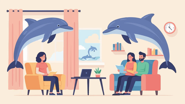 Dolphins swim above people reading in a surreal living room