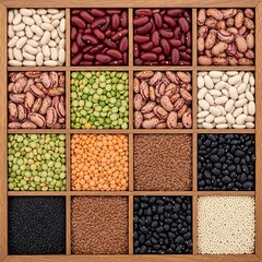 Variety of Dried Beans and Lentils in Wooden Compartments Square Layout