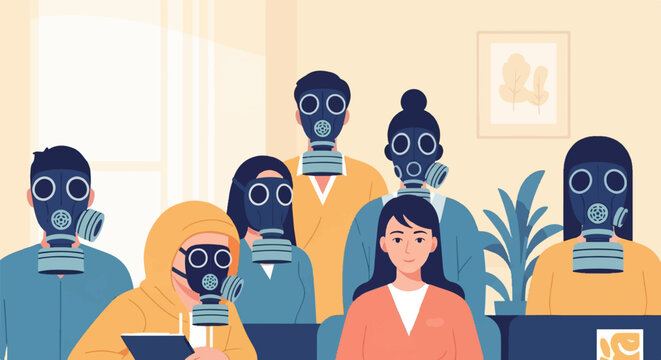 Diverse group of people in a room wearing gas masks, one person unmasked