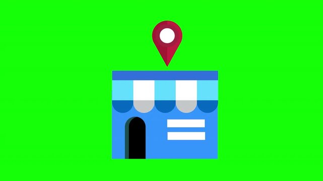 Blue Storefront Animation with Red Map Location Pin with Alpha Channel