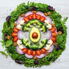 Vibrant fresh vegetables arranged creatively on white wood surface, top view