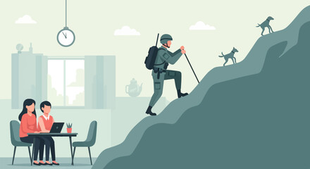 Fototapeta premium Family indoors working, soldier climbing mountain with dogs outdoors