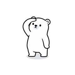Naklejka premium Confused polar bear mascot thinking pose with hand on head