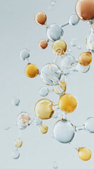 Cosmetic essence science model structure. Nanotechnology macro shot of a clear gel serum. The skeletal chemical formula depicts water, oil, or hyaluronic acid's molecular structure. Vertical image