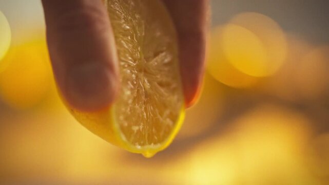 Man's hands are squeezing a fresh lemon, releasing juice onto a vibrant yellow surface, capturing the texture and ultra-macro details of the pulp and seeds as a single drop falls