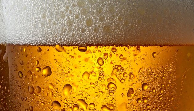 Close up of a cold beer with condensation and foam.