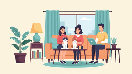 Naklejka na ściany i meble Family relaxing at home with pets and a laptop