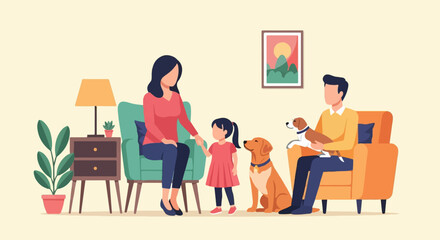 Plakat Family enjoying leisure time indoors with pets