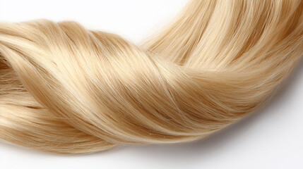 Women's long blonde curl of hair. Beautifully styled wavy shiny curls. Hair coloring. Hairdressing procedures, extension. Blond hair close-up as a background. White hair image