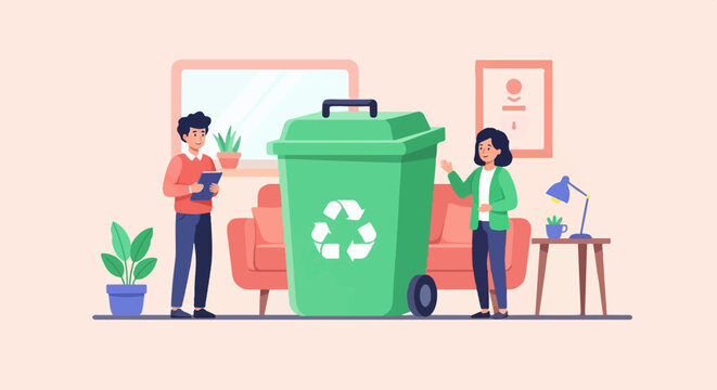 Diverse individuals sort waste by a recycling bin indoors