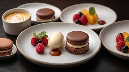 Exquisite Fine Dining Desserts Featuring Elegant Plates with Decadent Chocolate and Fresh Berries