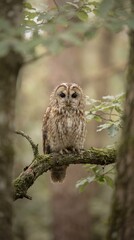 Obraz premium Owl Perched on Tree Branch in Forest, Detailed Wildlife Portrait with Soft Natural Light, Shallow Depth of Field and Calm Nature Mood. Vertical bg