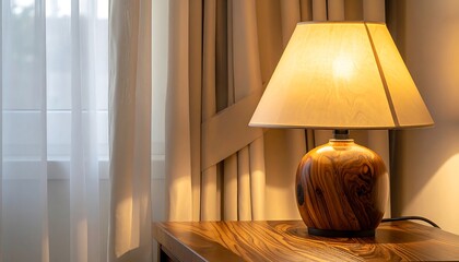 Warm bedside lamp casting a soft glow on a wooden table.