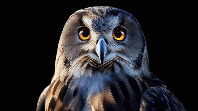 Close-up of owl's face, focused on amber eyes, set against a dark background, showcasing detailed feathers