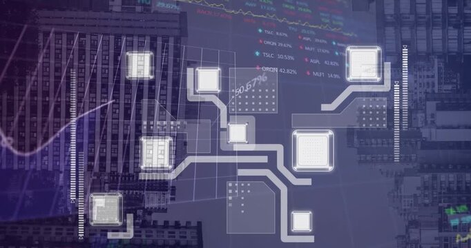 Animation of stock market data processing against view of inverted tall buildings