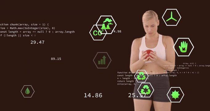 Animation of digital icons and data processing against female athlete holding a shotput ball