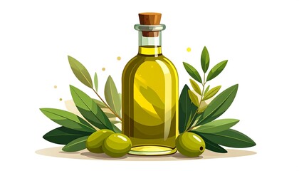 A bottle of golden olive oil surrounded by fresh olives and green leaves.