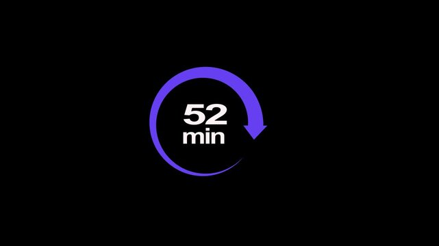 52 minute circle clock icon animation, circular arrow with 52 minute text animation. Digital and analog clock 52 minutes reminder 4k video motion graphic.