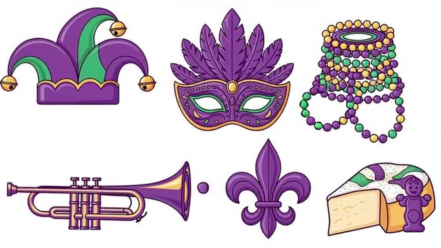 A colorful flat lay of Mardi Gras icons including a jester hat, mask, beads, trumpet, fleur-de-l against a clean white background.