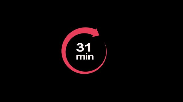 31 minute circle clock icon animation, circular arrow with 31 minute text animation. Digital and analog clock 31 minutes reminder 4k video motion graphic.