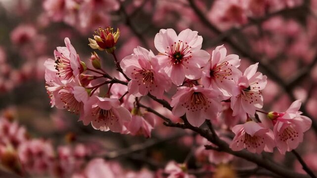 Delicate pink cherry blossoms bloom on a dark branch with soft bokeh background a symbol of spring renewal and natural beauty
