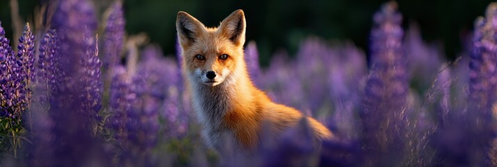 Fototapeta premium Red fox in lupine field during golden hour