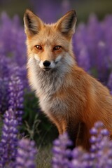 Fototapeta premium Majestic red fox amidst vibrant purple lupine blossoms