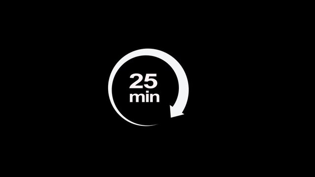 25 minute circle clock icon animation, circular arrow with 25 minute text animation. Digital and analog clock 25 minutes reminder 4k video motion graphic.