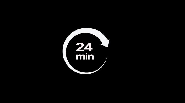 24 minute circle clock icon animation, circular arrow with 24 minute text animation. Digital and analog clock 24 minutes reminder 4k video motion graphic.
