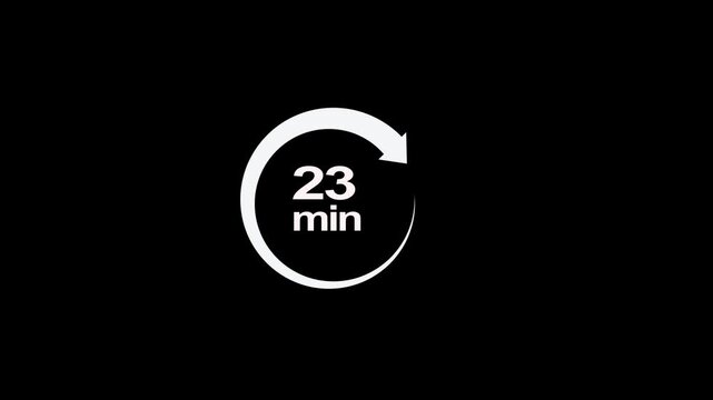 23 minute circle clock icon animation, circular arrow with 23 minute text animation. Digital and analog clock 23 minutes reminder 4k video motion graphic.