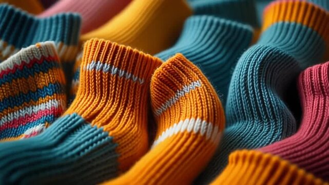 Colorful knitted socks stacked on top of each other