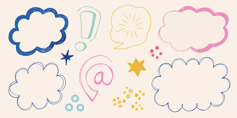Colorful hand drawn speech bubbles symbols and decorative elements on a beige background