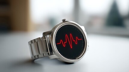 Silver Smartwatch Displaying Heartbeat Line on a Stylish Surface with Blurry Background