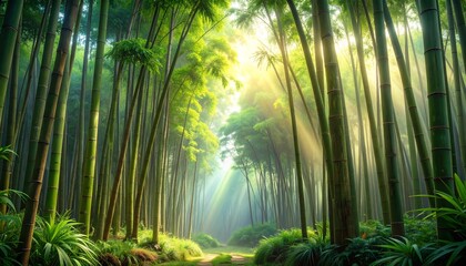 Fototapeta premium Sunlit bamboo forest pathway with misty sunlight and lush greenery nature scene
