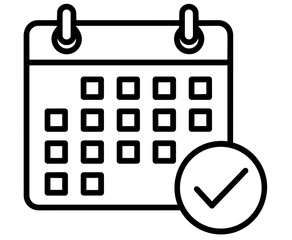 Simple calendar icon with checkmark indicating schedule confirmation or appointment reminder in black and white illustration style suitable for various digital applications and user interfaces. © Mofizul