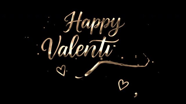 Digital graphic with 'Happy Valentine' text in gold cursive font on a black background with heart designs.