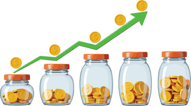Savings growth illustration with coin jars increasing over time and upward arrow showing financial progress flat vector design