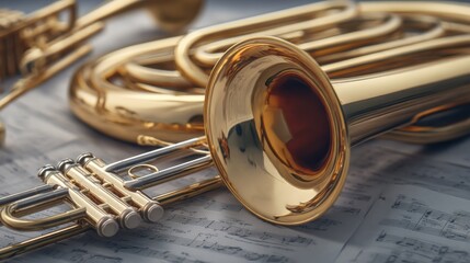 Naklejka premium Close-Up of Brass Instruments Displayed on Sheet Music Featuring a Tuba and Trumpet in Soft Natural Light