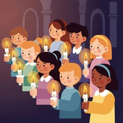 Fototapeta premium Group of diverse children holding lit candles in dimly lit church. Worship and Christian faith concept for Easter and Good Friday.