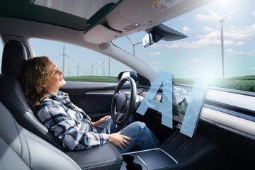 Woman uses Artificial Intelligence AI driving mode in her autonomous car