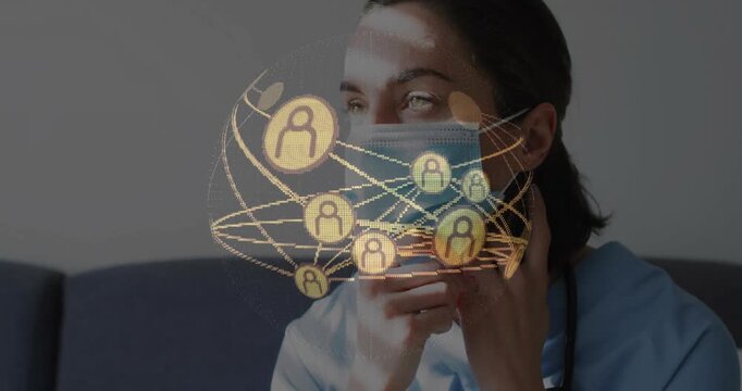 Digital network materializing before doctor adjusting mask and scanning icons for patient data